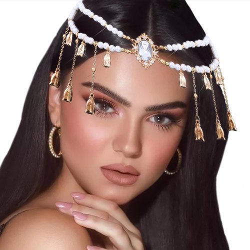 Urieo Boho Pearl Headpiece Chain Gold Tassel Hair Clips Rhinestone Head Chains Layered Hair Jewelry Wedding Bridal Prom for Women