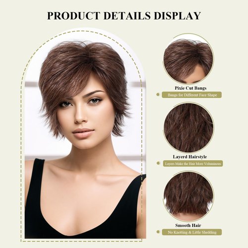 DWY Short Pixie Cut Wigs for Women Short Brown Human Hair Blend Synthetic Straight Wigs Natural Hair Replacement Wigs with Fluffy Bang,Lightweight/Breathable(Chocolate Brown)