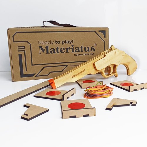 Materiatus Wooden Multi-Shot Rubber Band Gun, Model Flintlock, Ready to Play, Adult Real Size, Include Targets, Kids Toy Gun, Popular Toy as Gift for Children and Adults, Fun Game for Party time.