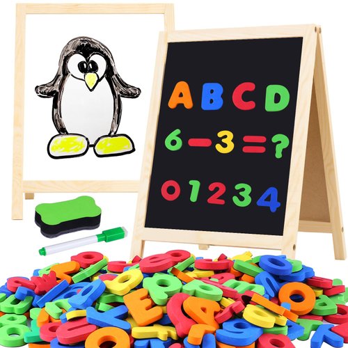 GINMIC Magnetic Letters and Numbers with Easel for Kids/Toddlers, Magnetic Whiteboard & Chalkboard w/Dry Erase Markers, ABC Magnets Alphabet Letters Learning Set, Classroom Home Education Toys