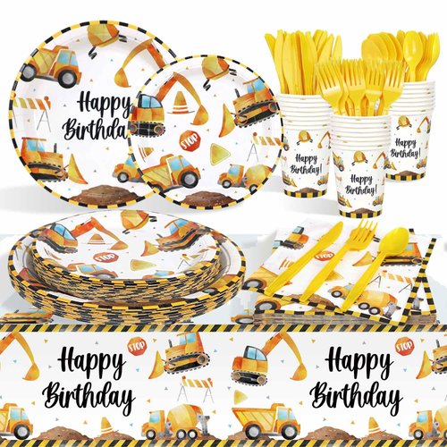 Heboland 176 Pcs Construction Birthday Party Supplies Decorations Plates Set for 25 Guests, Include Plates Napkins Tablecloth Cups Cutlery Set for Boys Kids Construction Excavator Theme