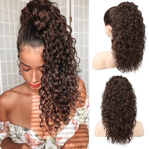 HOOJIH Ponytail Extension, Curly Wavy Drawstring Ponytail Hair Extensions Extra Fluffy Fake Pony Tail Extension 18 Inch Synthetic Hairpiece for Women Daily Use - Mixed Brown