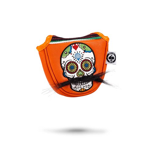 Pins & Aces LE Sugar Skull Mustache Mallet Putter Head Cover - Premium, Hand-Made Leather Putter Headcover - Funny, Tour Quality Golf Club Cover - Style and Customize Your Golf Bag (Orange)