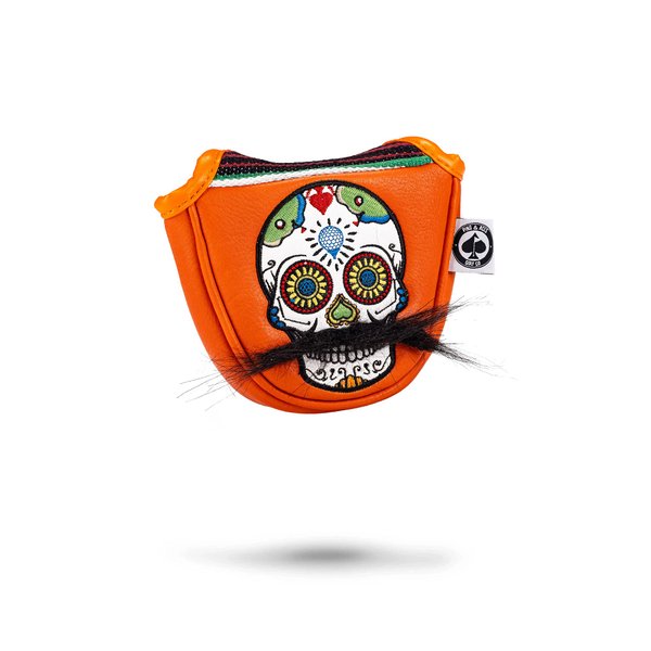 Pins & Aces LE Sugar Skull Mustache Mallet Putter Head Cover - Premium, Hand-Made Leather Putter Headcover - Funny, Tour Quality Golf Club Cover - Style and Customize Your Golf Bag (Orange)