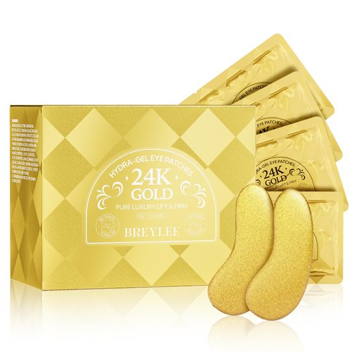 BREYLEE Under Eye Patches (60 pcs), 24K Gold Eye Masks for Reducing Wrinkles and Fine Lines Under eye, Puffy Eyes and Dark Circles Treatments, Improve and Firm eye Skin, Pure Natural Extract