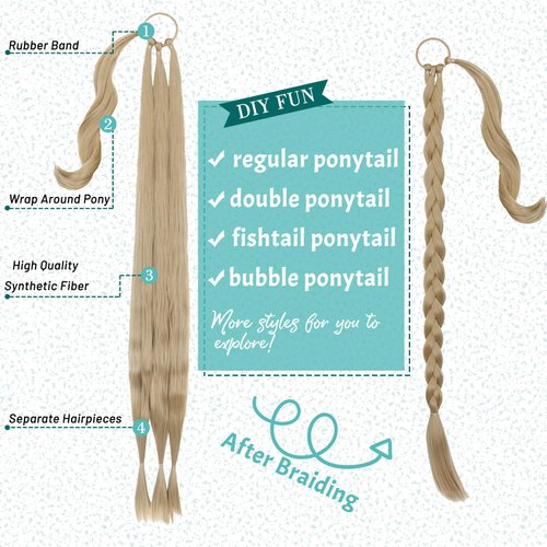 Cephermer Braided Ponytail Extension 26'' 30'' DIY Long Braid Hair Extensions Ponytail with Elastic Tie Straight Wrap Around Natural Soft Synthetic Hairpiece for Women Ash Blonde