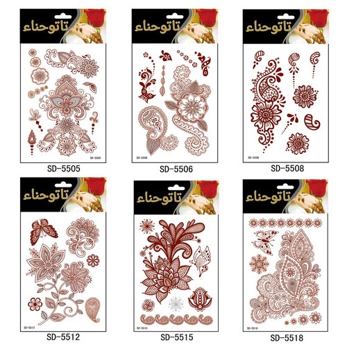 AHIER Henna Tattoo, 6 Sheets Henna Stickers, Waterproof Red Henna Tattoo Stickers for Women