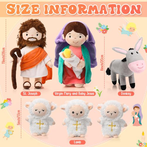 HyDren 6 Pcs Christian Religious Plush Doll Set 11 Inch Saint Joseph Virgin Mary with Baby Jesus and Donkey Lambs, Bible Stuffed Plush Jesus Doll God Plushies Gifts for Religious Christening Christmas