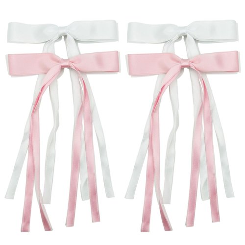 Hair Clips for Women Tassel Ribbon Bowknot With Long Tail, Clip Girl, Solid Accessories Barrettes Claw Bow (White,Pink)