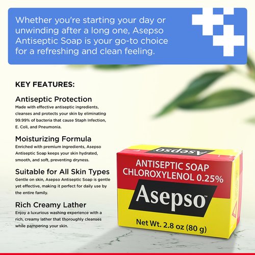 Asepso Antibacterial Original Bar Soap – 4 Pack 80g/2.8 oz Each, Gentle Cleansing for Healthy Skin, Fight Skin and Heat Rash