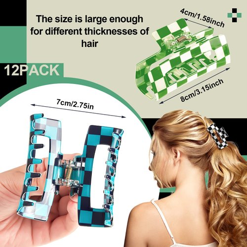 Taiyin 12 Pieces Hair Claw Clip 3.2 Inch Multicolored Checkered Hair Clips Nonslip Plaid Rectangle Claw Clip Strong Hold Y2k Hair Accessories Styling Claw Clamps for Women Thick Thin Hair, 12 Styles