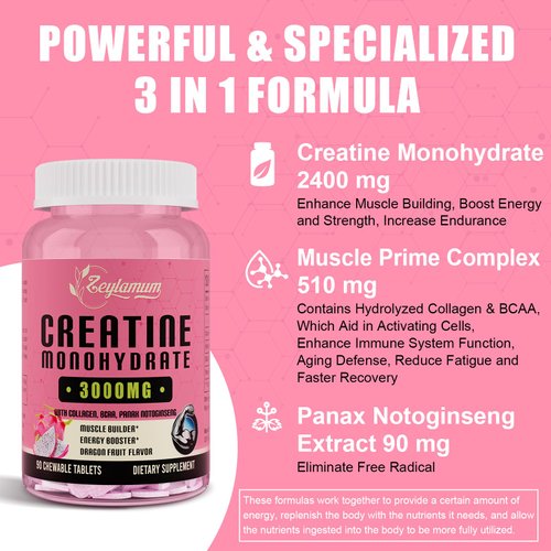 Creatine Monohydrate for Women, Creatine Supplement 3000 MG, with Hydrolyzed Collagen, BCAA, for Muscle Builder & Strength, Energy Boost, Faster recovery, Vegan, Non-GMO, Sugar Free, 30 Servings