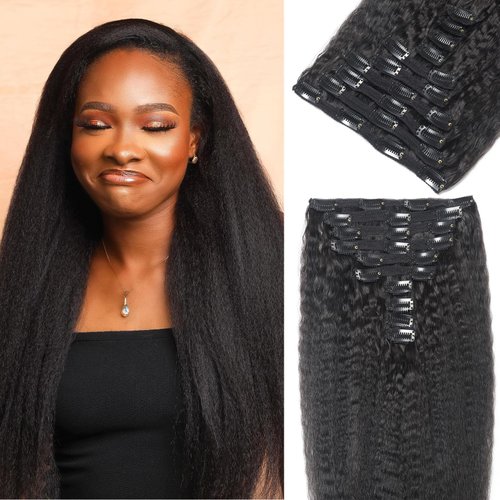 Kinky Straight Clip ins 16Inch Natural Black Color Clip Real Human Hair Extensions For Black Women 10pcs 2-3 set Full Head (16 Inch)