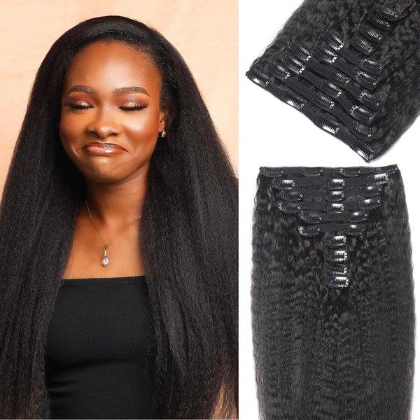 Kinky Straight Clip ins 16Inch Natural Black Color Clip Real Human Hair Extensions For Black Women 10pcs 2-3 set Full Head (16 Inch)