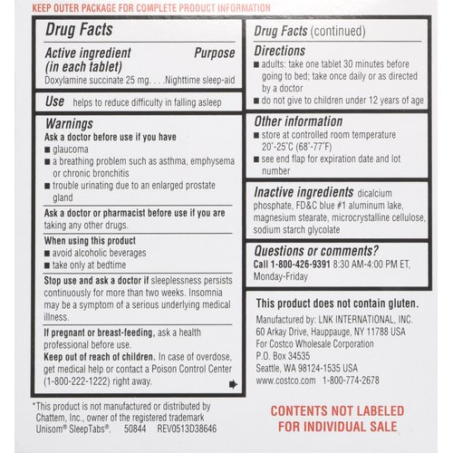 Kirkland Signature Sleep Aid Doxylamine Succinate 25 Mg, 2 pack (192 Tablets)