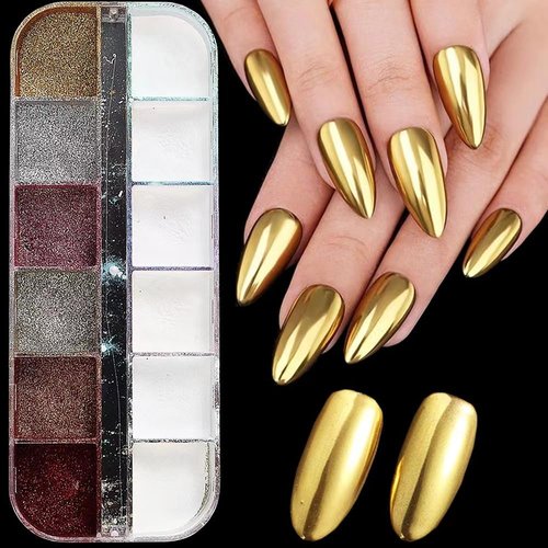 Chrome Nail Powder 12 Colors Gold Silver Metallic Iridescent Mica Nail Chrome Powder Holographic Pearl Nails Powder Mirror Effect Pigment Glitter Aurora Nail Dust Kit for Nail Art Manicure Decoration
