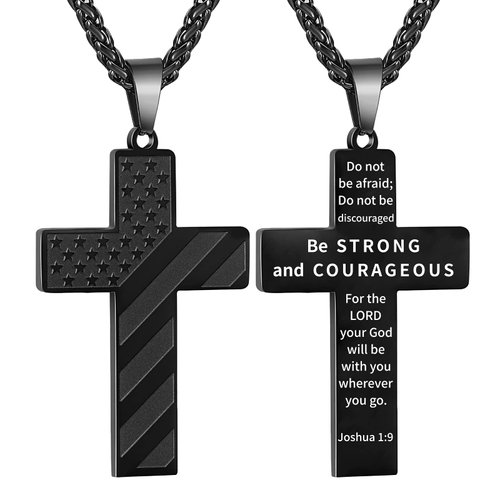 DuoDiner Black Cross Necklace for Men Boys Pendant Chain Stainless Steel American Flag Joshua 1:9 Baptism Religious Christian First Communion Confirmation Jewelry Gifts Christmas Valentine's Day