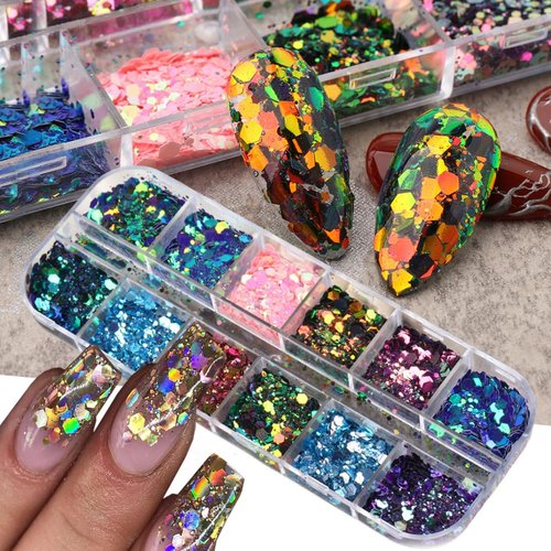 12 Grid Chameleon Nail Art Glitter 3D Colorful Mermaid Nail Glitter Sequins Confetti Flakes Gradient Designs Nail Sequins Hexagon Holographic Nail Art Supplies for Women Girls DIY Manicure Decorations