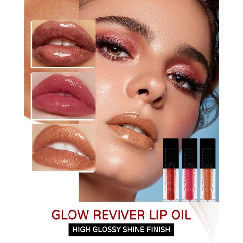 3 Colors Glitter Lip Oil Gloss Set, Hydrating Non-Sticky Lip Glow Oil Plumping Lip Gloss Long Lasting High Shine Shimmer Liquid Lipstick Tinted Lip Balm Lifter Gloss for Women Dry Lips Care -Set B