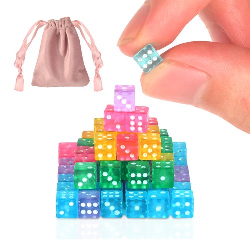 100 Pack Small Dice Set 5mm with 1 Velvet Bag Game Dice 6 Sided Mini Dice Set Transparent Tiny Dice Colored Dice Square Corner for Casino Night Parties Early Elementary Math Learning