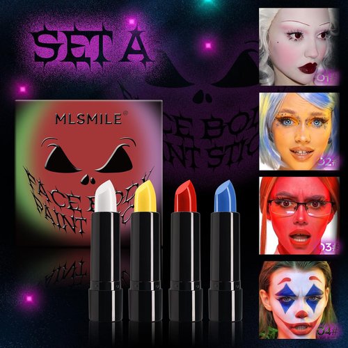 Tiejdhr 4 Colors Halloween Face Body Paint Matte Lipstick High Impact Lipcolor with Moisturizing Creamy Formula Long Lasting Waterproof Velvet Lip Stick for Sports Halloween Party Clown (Set A)