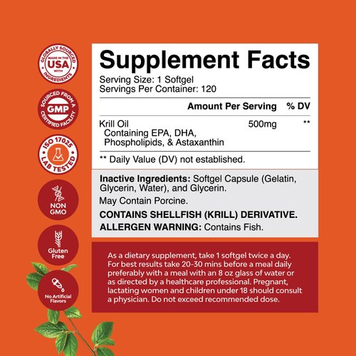 Antarctic Krill Oil 500mg Softgels - High Absorption Krill Oil Omega 3 Fatty Acid Supplement with Potent EPA DHA Astaxanthin and Phospholipids - Wild Caught Burpless Fish Oil Omega 3 Supplement