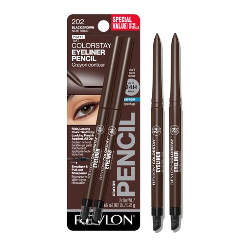 Revlon ColorStay Pencil Waterproof Eyeliner, Smudge-Proof, Eye Makeup with Built-In Sharpener, Packaging May Vary, 202 Black Brown, 2 pack