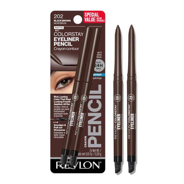 Revlon ColorStay Pencil Waterproof Eyeliner, Smudge-Proof, Eye Makeup with Built-In Sharpener, Packaging May Vary, 202 Black Brown, 2 pack