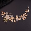 Teyglen Bride Wedding Flower Hair Comb Crystal Leaf Pearl Side Hair Comb Bridal Rhinestone Hair Pieces Hair Accessories for Women Girls Bridesmaid (Gold)