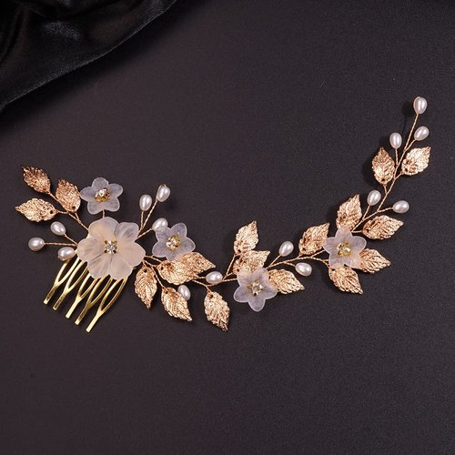 Teyglen Bride Wedding Flower Hair Comb Crystal Leaf Pearl Side Hair Comb Bridal Rhinestone Hair Pieces Hair Accessories for Women Girls Bridesmaid (Gold)