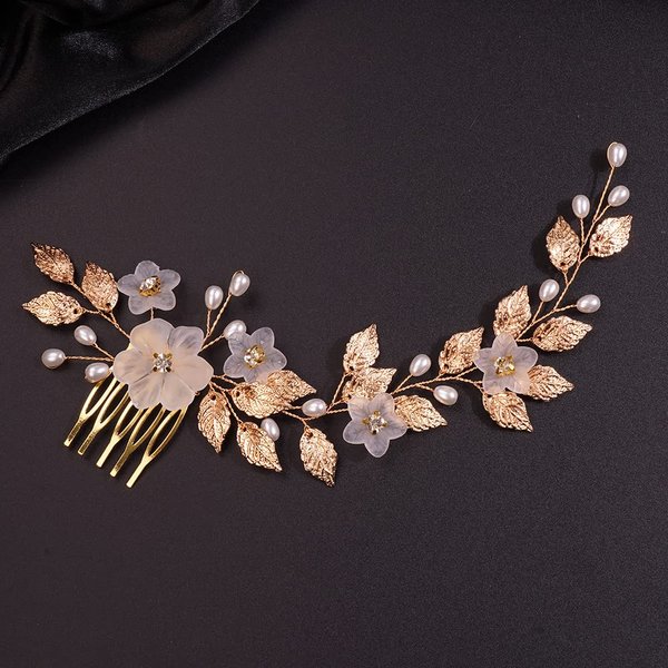 Teyglen Bride Wedding Flower Hair Comb Crystal Leaf Pearl Side Hair Comb Bridal Rhinestone Hair Pieces Hair Accessories for Women Girls Bridesmaid (Gold)