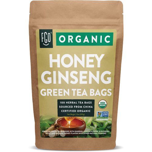 FGO Organic Honey Ginseng Green Tea, Eco-Conscious Tea Bags, 100 Count, Packaging May Vary (Pack of 1)