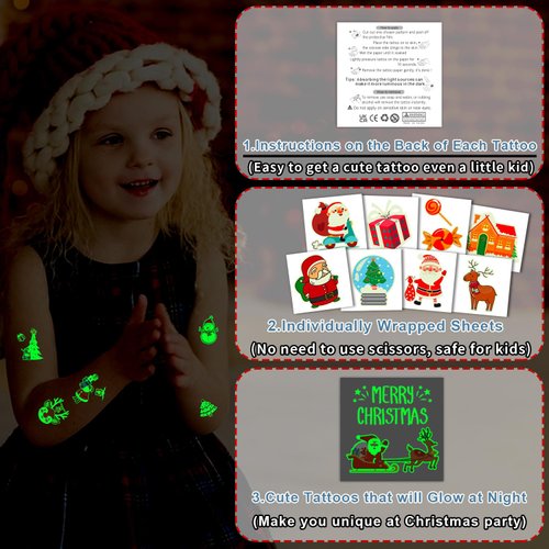 Partywind Luminous Kids Temporary Tattoos for Christmas Stocking Stuffers, Individually Cut Tattoos for Christmas Holiday Party Supplies Decorations, Xmas Games Toys (50 Sheets)