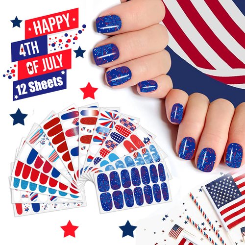 JERCLITY 14 Sheets Independence Day Nail Polish Strips 4th of July Nail Wraps for Women Patriotic American Flag Nail Strips Self-Adhesive Nail Stickers with Nail File for Memorial Day（4th of July-2）