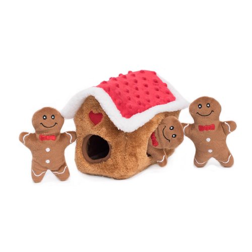 ZippyPaws Burrow Puzzle Plush Dog Toy, Interactive Squeaky Toy for Enrichment, Hide and Seek Game for Small to Medium Dogs, Gingerbread House
