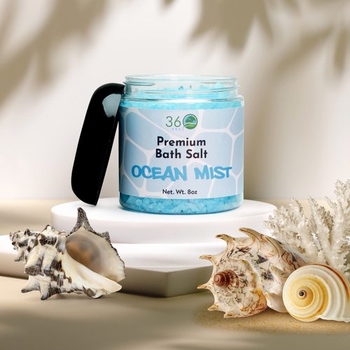 360Feel Ocean Mist Bath Salt - Natural Body Scrub - Rejuvenating Exfoliator for All Skin Types - Aromatherapy Bath Soak for Healthy Skin - Vegan & Cruelty-free Scrub - 8 Oz Jar