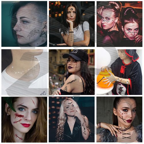 ZS Halloween Horror Realistic Tattoo Stickers Scar Bat Spiderweb, 8 Sheets Halloween Prank Makeup Temporary Tattoo for Adults Men Women, Halloween Face Tattoos Masquerade Props (Set B)