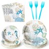G1ngtar 96Pcs Ocean Seashell Party Plates Supplies - Coastal Beach Party Tableware Decorations Starfish Coral Disposable Paper Plates Napkins Forks for Kids Summer Birthday Baby Shower, Serves 24