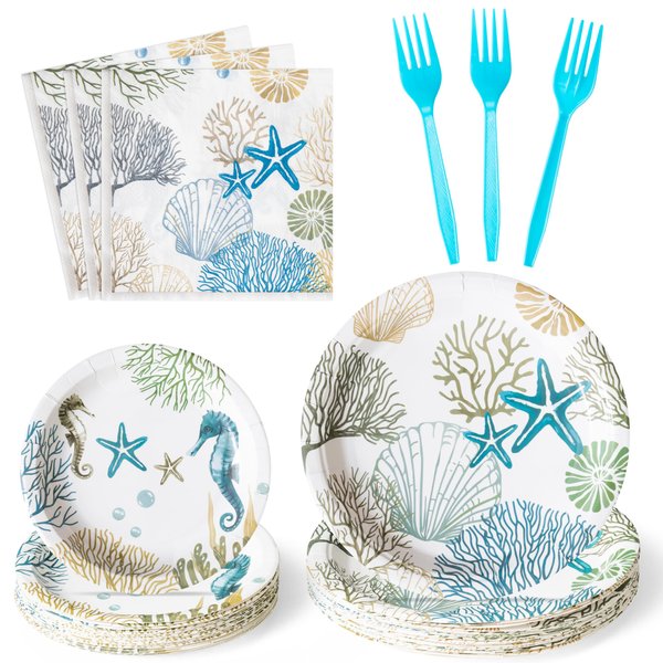 G1ngtar 96Pcs Ocean Seashell Party Plates Supplies - Coastal Beach Party Tableware Decorations Starfish Coral Disposable Paper Plates Napkins Forks for Kids Summer Birthday Baby Shower, Serves 24