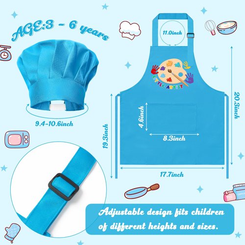 Kid Apron and Chef Hat Set - R HORSE 2Pcs Adjustable Children Blue Artist Kitchen Apron, Dress up Role Play Chef Toy Cooking Baking Painting and Training Kits Funny Birthday for Kids