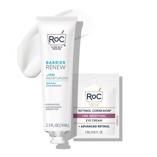 RoC Barrier Renew Night Moisturizer with Ceramides & Antioxidant Green Tea and Lipo Peptides to Renew Skin Barrier, Stocking Stuffers for Men & Women, (2.5 oz) with Retinol Eye Cream Packette