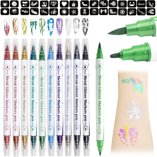 Jutqut Temporary Tattoo Markers for Skin, 24 Colors Body Marker Pen + 67 Tattoo Stencils for Kids and Adults, Nail Art Polish Pens, Dual-end Metal Tattoo Pens with Bold and Fine Tip