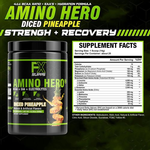 FXSUPPS Amino Hero Diced Pineapple Flavor(25 Servings)|Post-Workout Recovery Drink for Men and Women|Energy Powder Mix with BCAA, EAA, and Electrolytes|Promotes Endurance and Healthy Muscles - 1 Pack