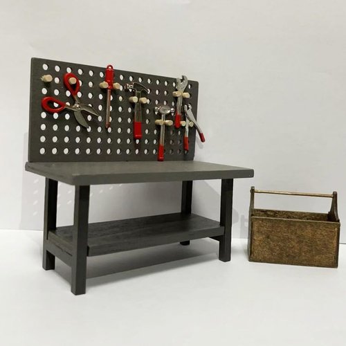 1:12 Dollhouse Miniature Tool Workbench with Accessories Miniature Dollhouse Garage Garden Furniture (Darkgreyworkbench)