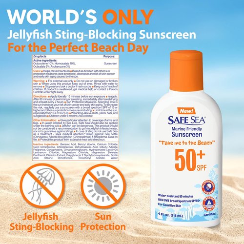 Safe Sea Jellyfish Sting-Blocking Sunscreen, SPF 50+ Lotion 4oz, Waterproof, Biodegradable, Coral Reef-Safe – Body and Face Sunscreen, Anti-Jellyfish and Sea-Lice sting protection.
