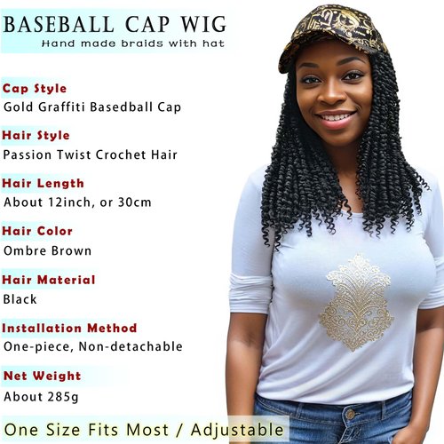 ELVAELFI 12inch Passion Twist Hair Extensions, Gold Graffiti Baseball Cap Wig, Breathable Synthetic Hair for Women
