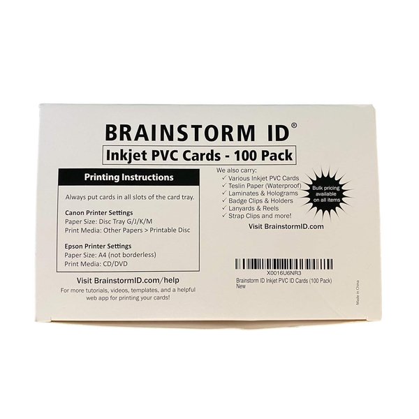 Inkjet PVC Cards (100 Pack) - Inkjet Printable PVC ID Cards with Brainstorm ID's Enhanced Ink Receptive Coating - Waterproof and Double Sided Printing - Works with Epson and Canon Inkjet Printers