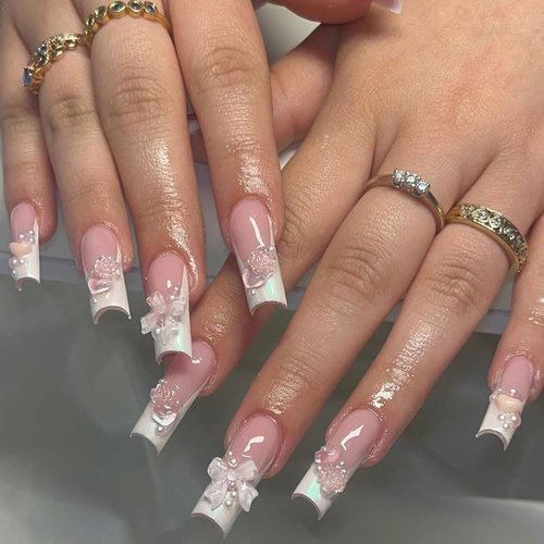 BAOYAALIN Press on Nails Medium Long Coffin Y2K Cute Fake Nails with 3D Bow Nail Charms Design Gel Glue on Nails for Women Girls Full Cover Acrylic False Stick on Nail Manicure for Wedding 24Pcs