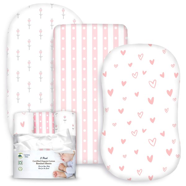 100% Organic Cotton Fitted Bassinet Sheets Fits Halo, Snoo, Uppababy, Ingenuity, Graco, Baby Trend, and All Other Standard Size Bassinets. 3 Pk