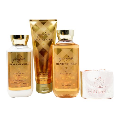 Bath & Body Works Gingham Heart Of Gold - Trio Gift Set - Body Cream, Shower Gel and Body Lotion With a Himalayan Salts Springs Bar Soap.